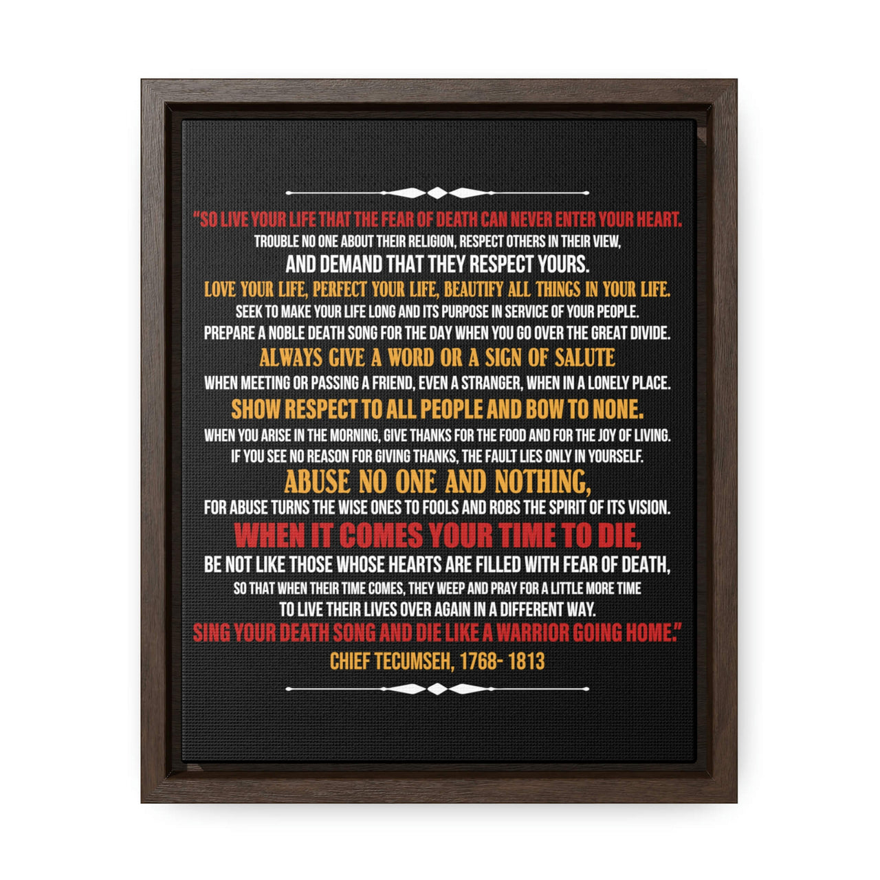 Chief Tecumseh Poem - "So Live Your Life" - Motivational Framed Canvas Print